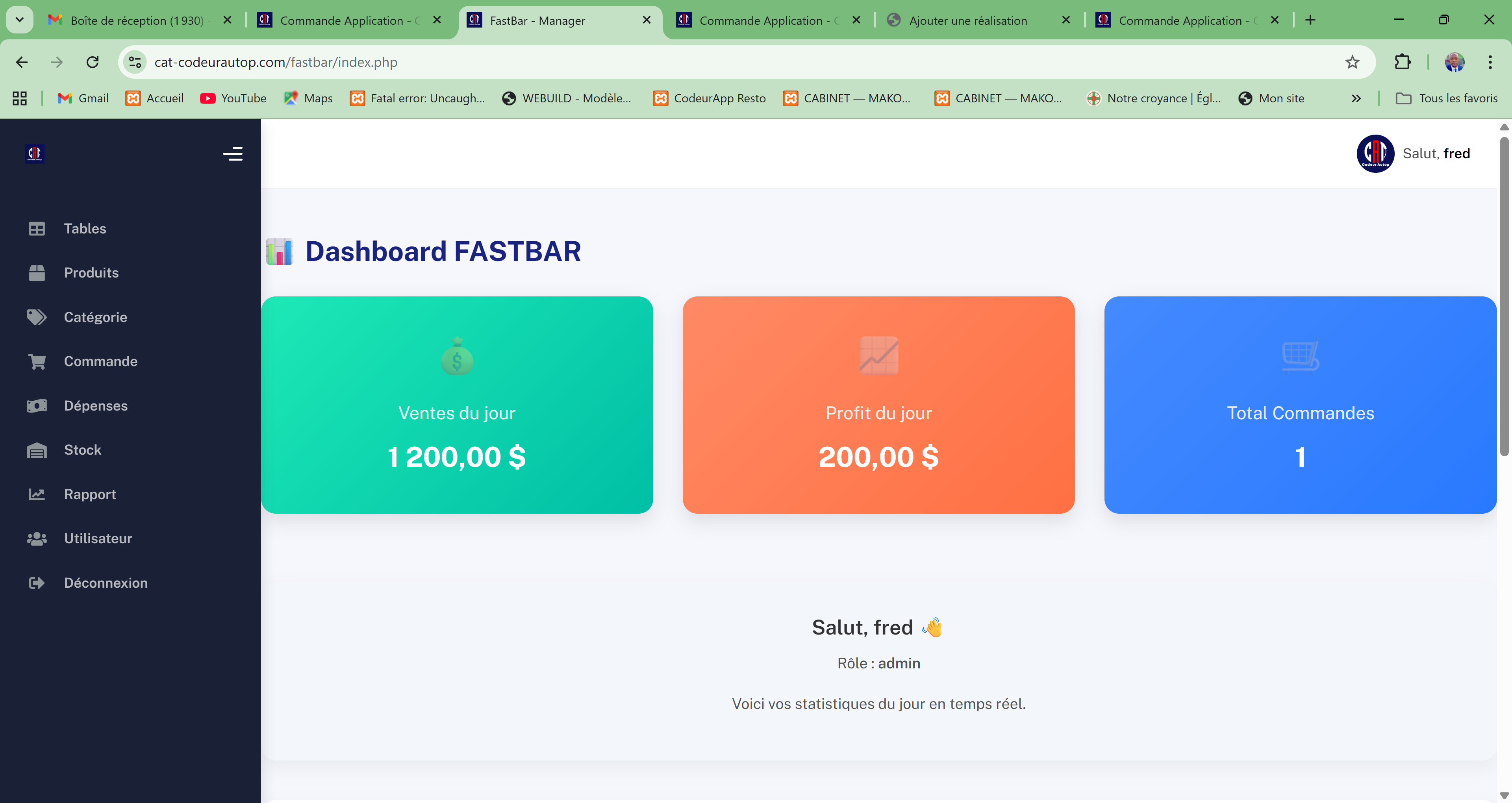 Capture du Dashboard FastBar